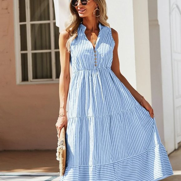 Blue Boho Womens Striped Print Notched Neck A-line Dress - Picture 3 of 5